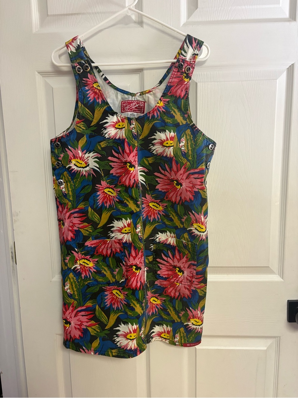 90s women’s vintage Floral Tank overall Dress with Front Zip - Pink & Green M